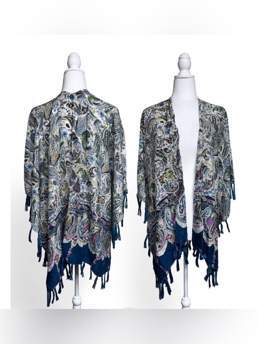 #F-04 Paisley Fringe Kimono- Turquoise/Multi